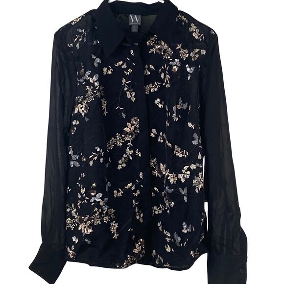 Worthington Blouse Women's Large Semi-Sheer Embroidered Sequins Floral Collared - Picture 1 of 6